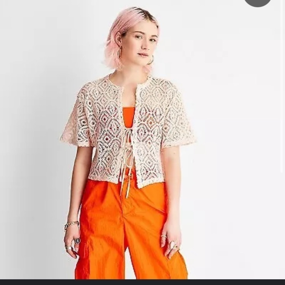 Womens Future Collective Short Sleeve Tie Front Crochet Shirt size S lace boho